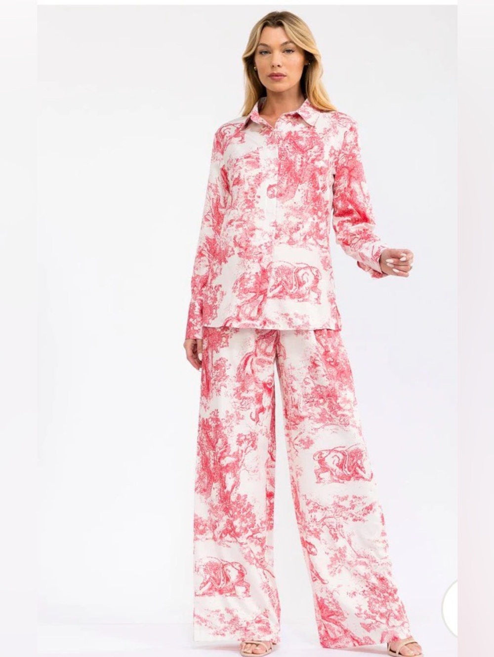 0239.  🩷Pink Toile Wide-Leg Pant Set - Casual Chic - Picture 3 of 4